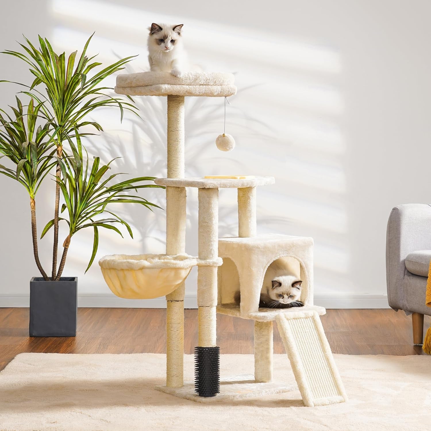 Cat Tree Tower with Self Groomer & Cozy Condo for Indoor Cats