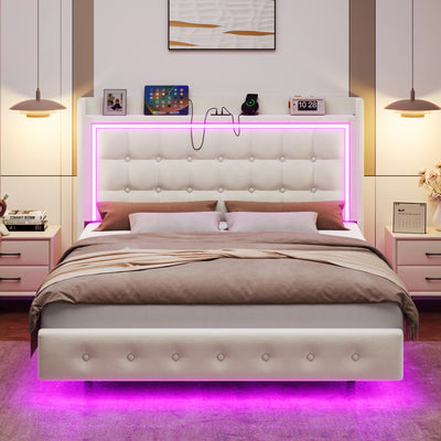 Full Size Floating LED Bed with Storage