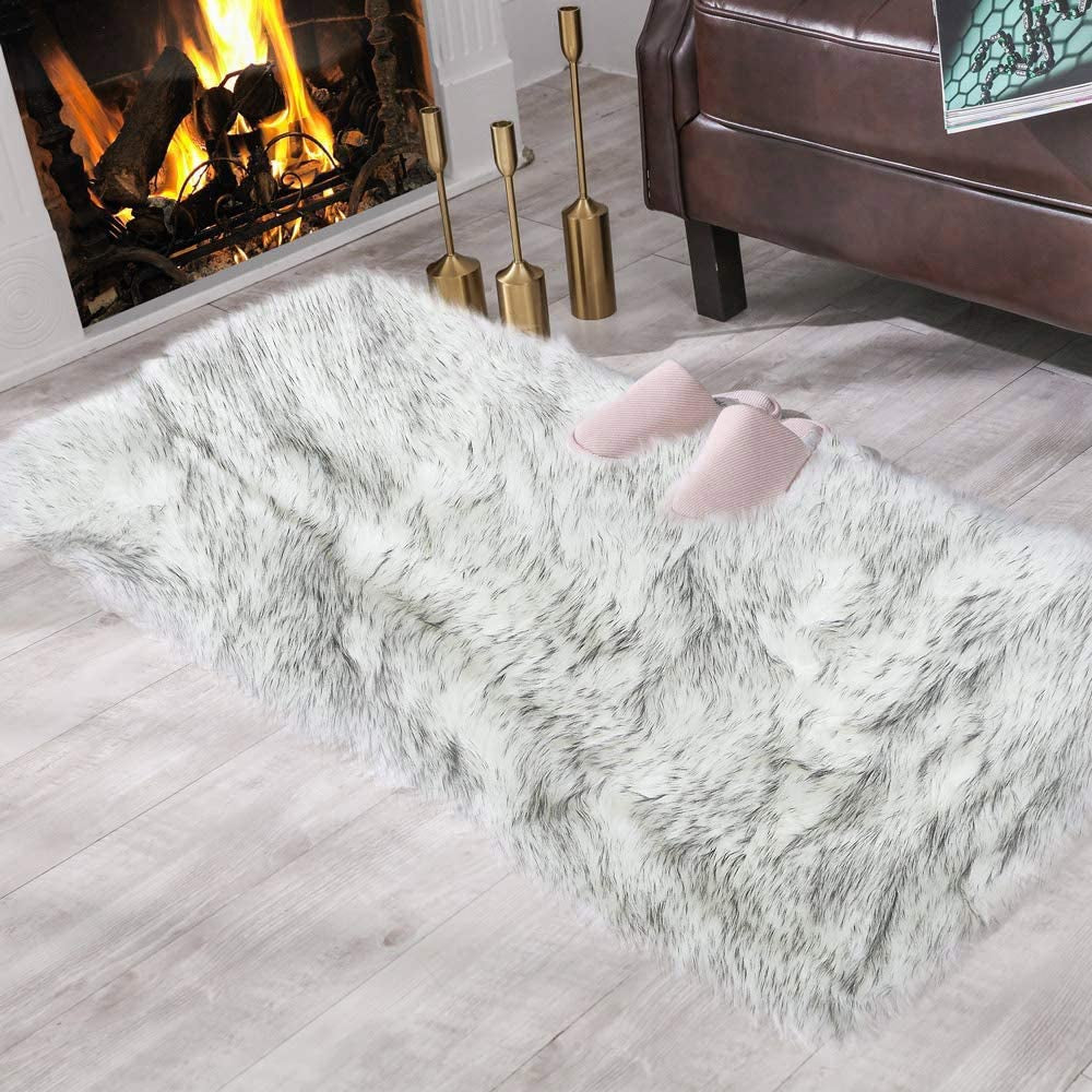 Grey Fluffy Faux Sheepskin Rug 2x3ft – Soft Shaggy Floor Mat for Bedroom