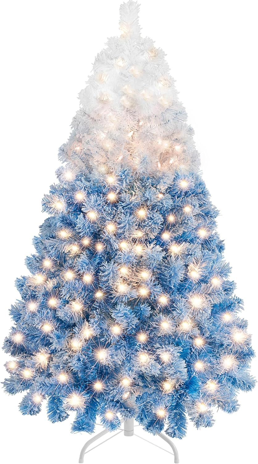 4.5Ft Snow Flocked Pre-Lit Christmas Tree with 150 Warm White Lights & Foldable Metal Stand