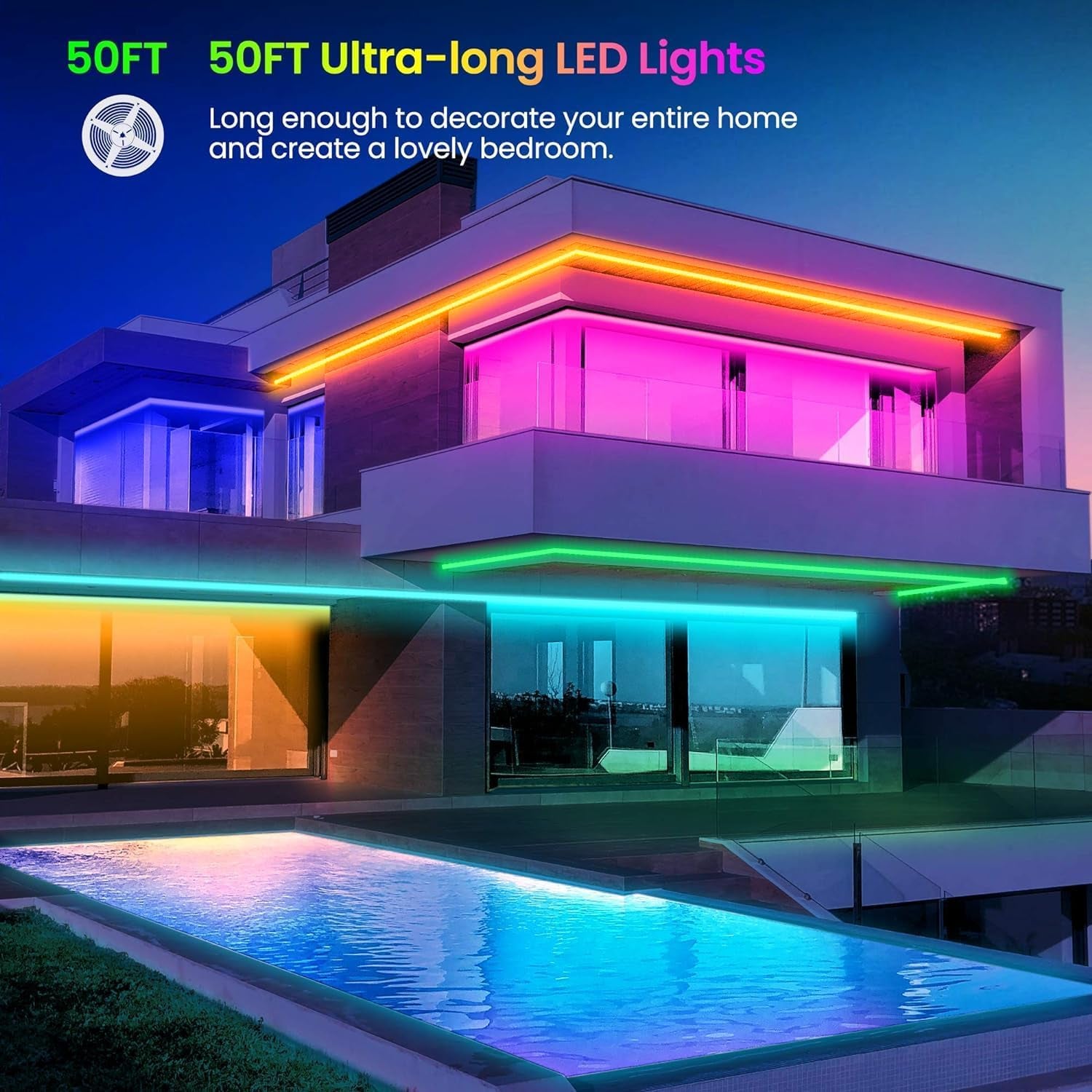 50Ft Bluetooth LED Strip Lights with Music Sync – Color Changing Light Strip with App & Remote