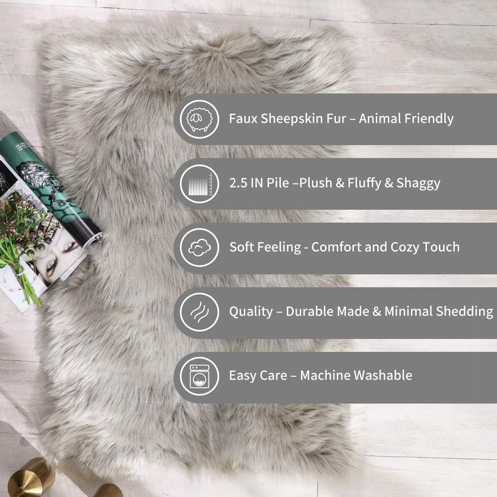 Grey Fluffy Faux Sheepskin Rug 2x3ft – Soft Shaggy Floor Mat for Bedroom