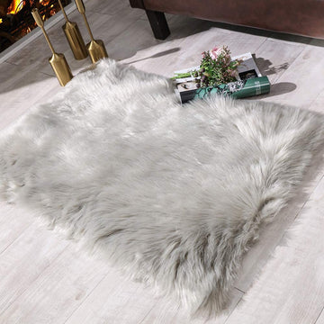 Grey Fluffy Faux Sheepskin Rug 2x3ft – Soft Shaggy Floor Mat for Bedroom