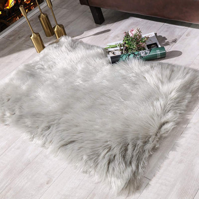 Grey Fluffy Faux Sheepskin Rug 2x3ft – Soft Shaggy Floor Mat for Bedroom