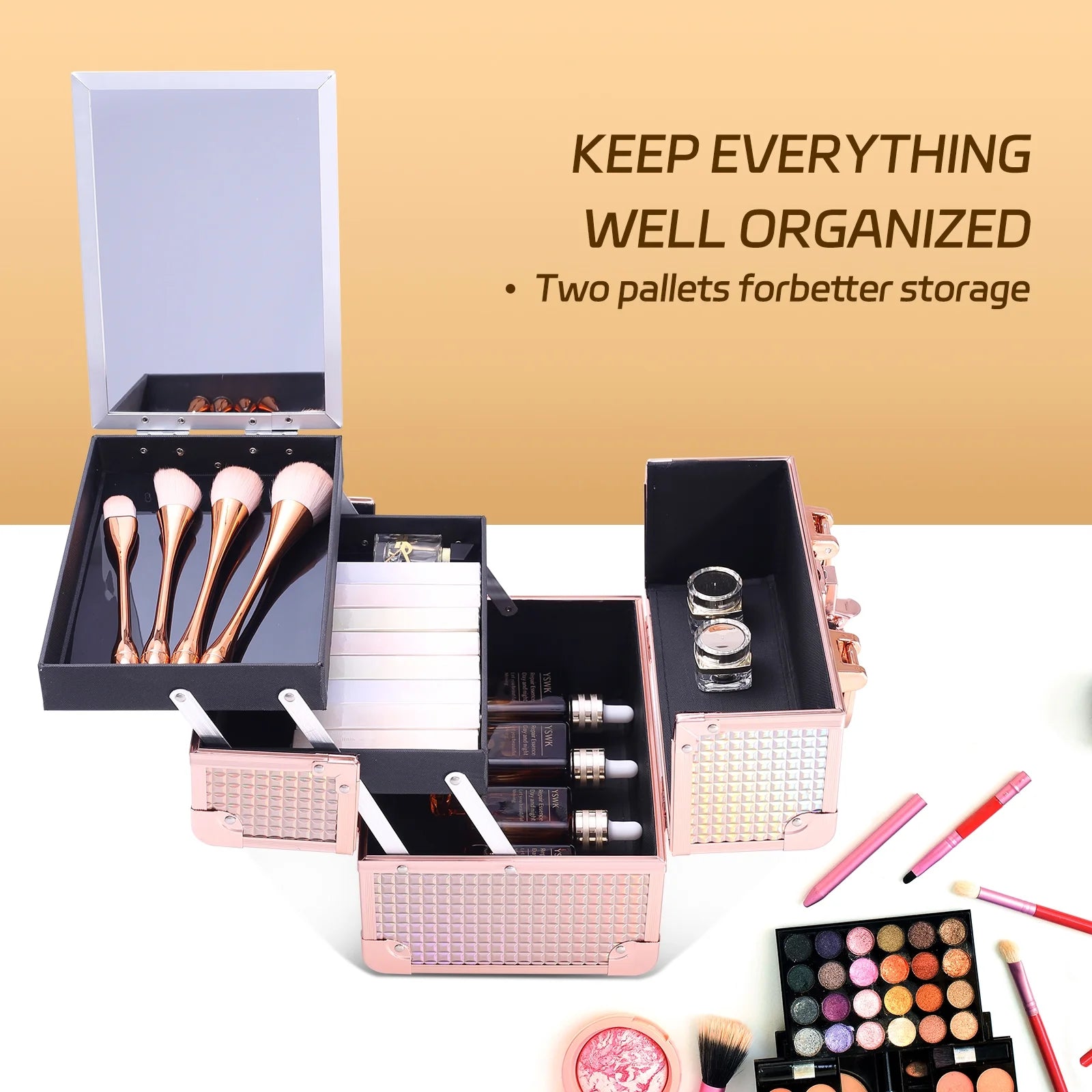 Lightweight Lockable Makeup Train Case – Portable Cosmetic Organizer Box with Mirror & 2 Folding Trays for Travel and Home Storage