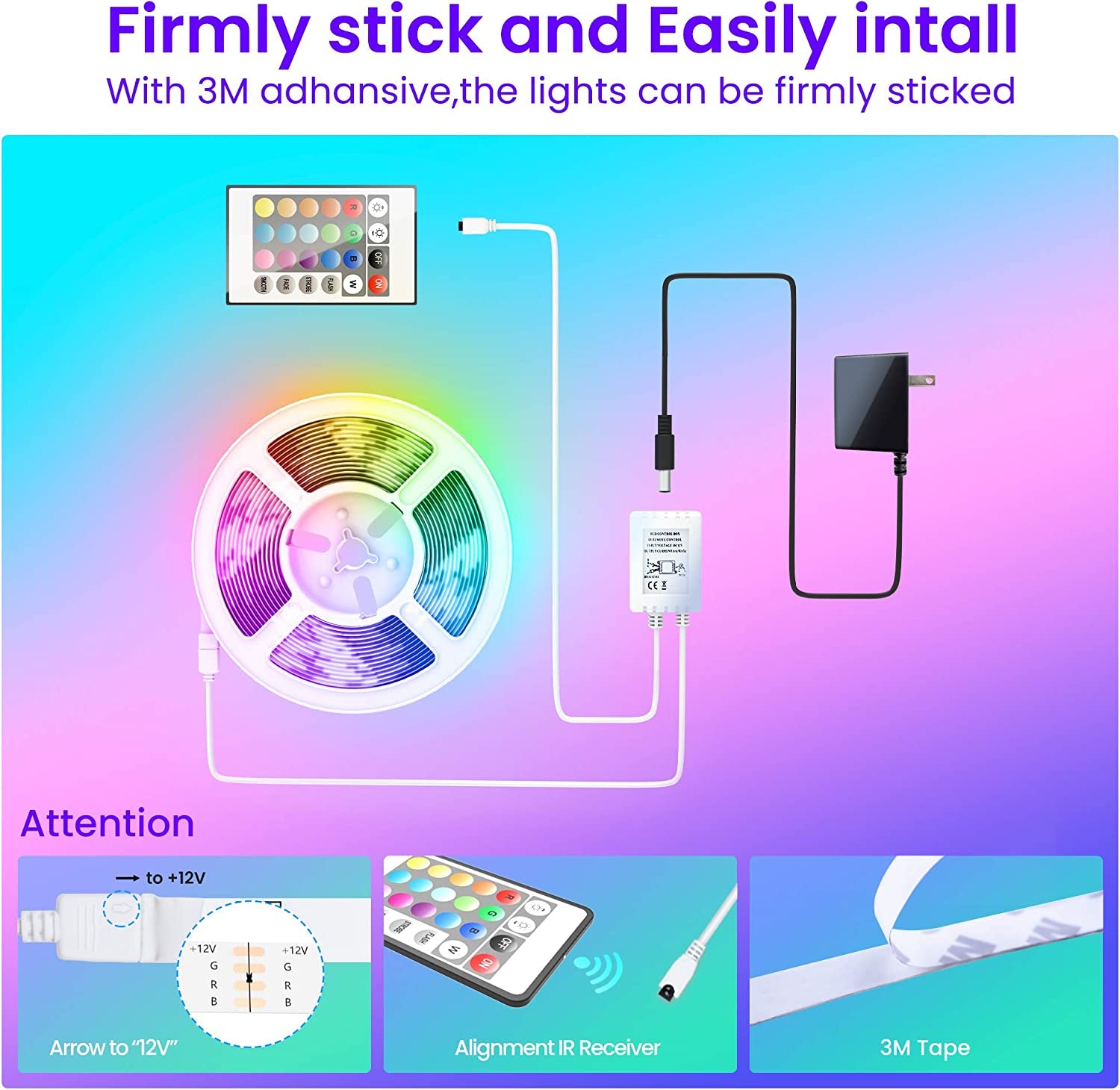 50Ft Bluetooth LED Strip Lights with Music Sync – Color Changing Light Strip with App & Remote