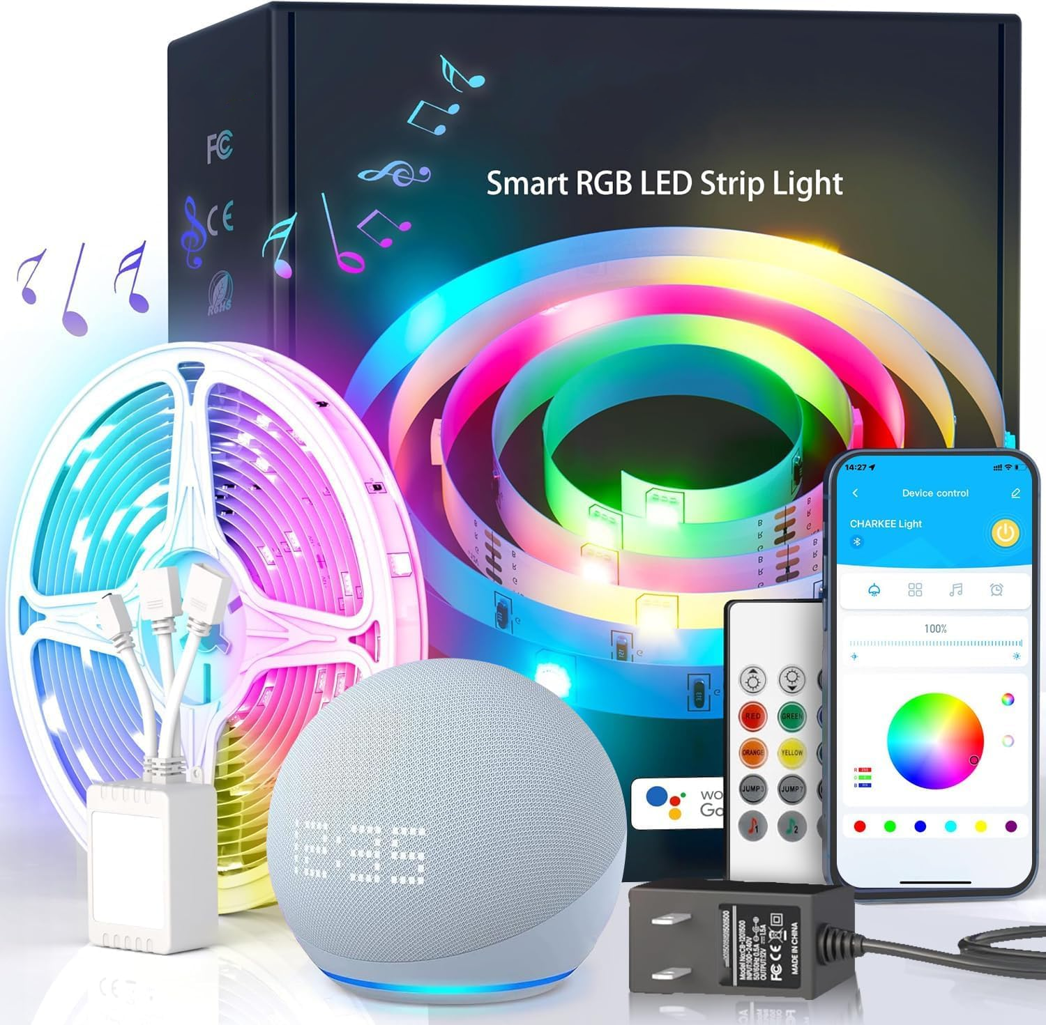 50Ft Bluetooth LED Strip Lights with Music Sync – Color Changing Light Strip with App & Remote