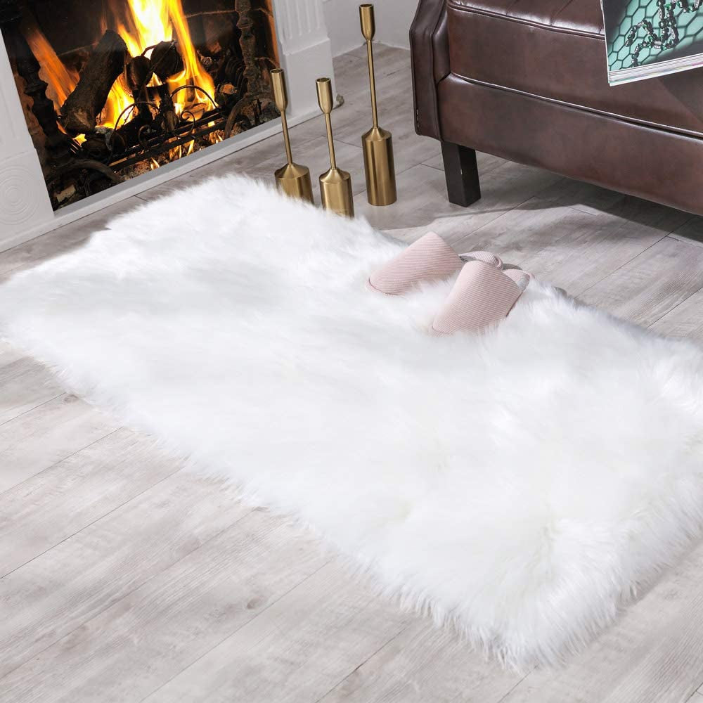 Grey Fluffy Faux Sheepskin Rug 2x3ft – Soft Shaggy Floor Mat for Bedroom