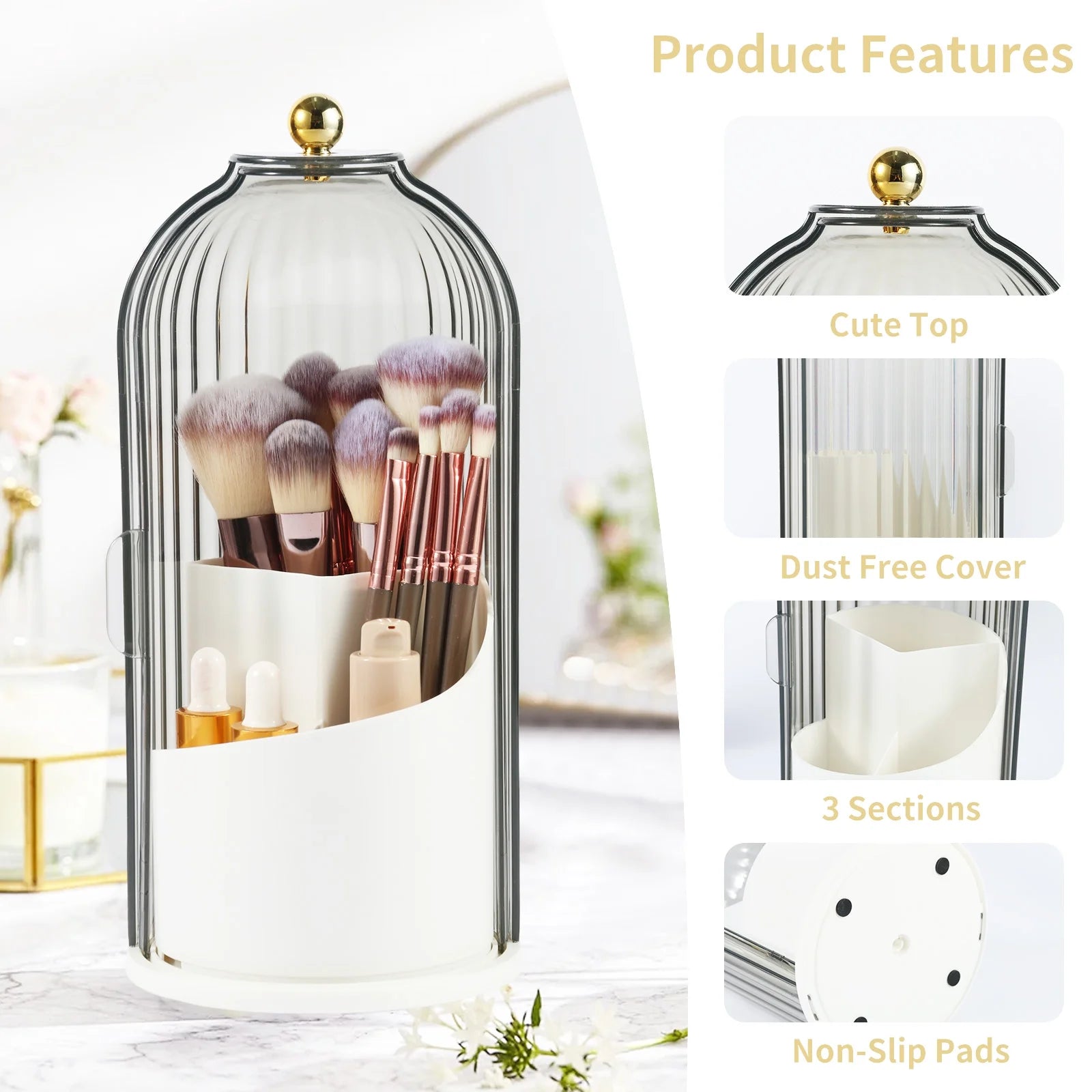 360° Rotating Makeup Brush Organizer with Lid – Clear Dustproof Holder for Vanity & Bathroom