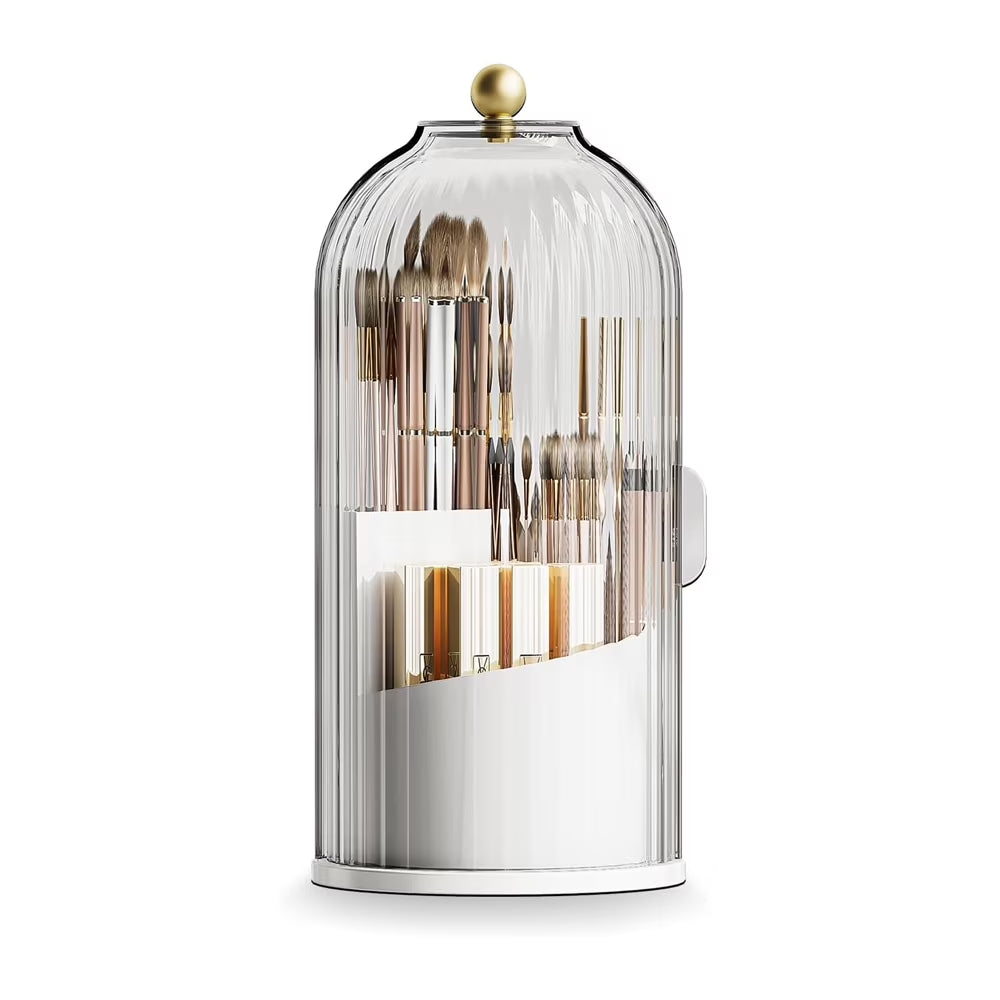 360° Rotating Makeup Brush Organizer with Lid – Clear Dustproof Holder for Vanity & Bathroom