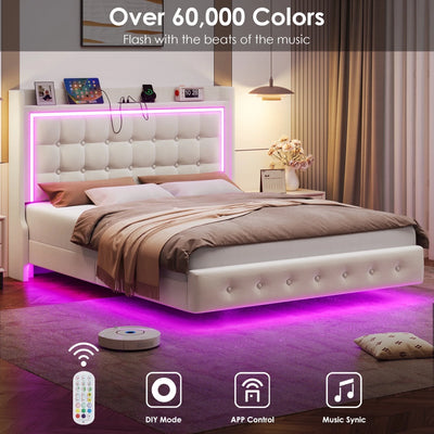 Full Size Floating LED Bed with Storage