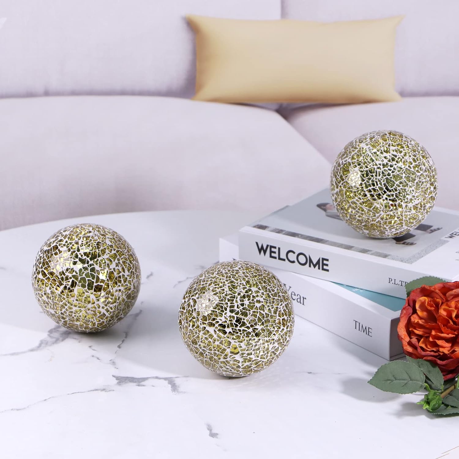 Gold Mosaic Decorative Orbs Set of 3 – 4" Centerpiece Balls