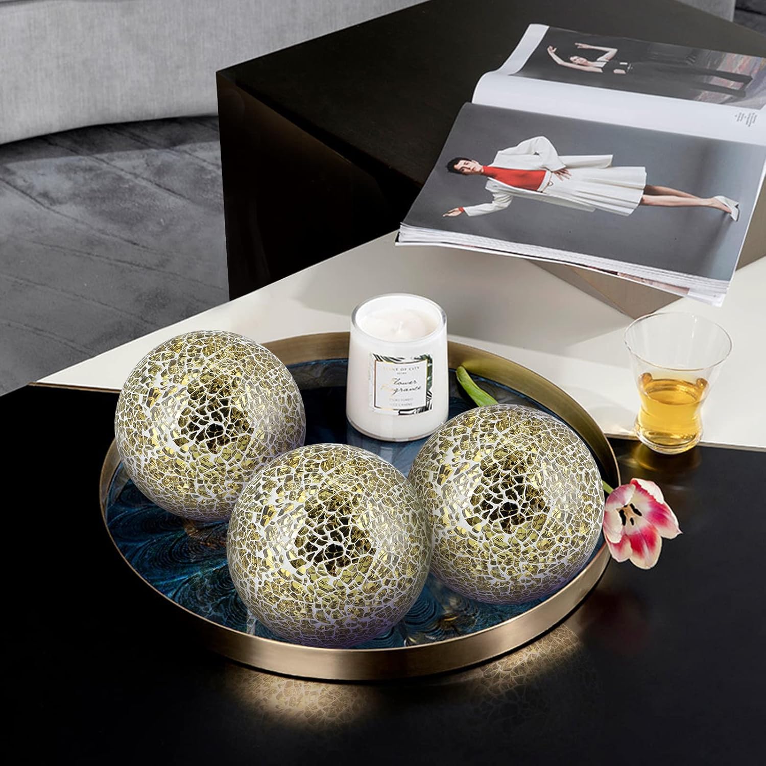 Gold Mosaic Decorative Orbs Set of 3 – 4" Centerpiece Balls