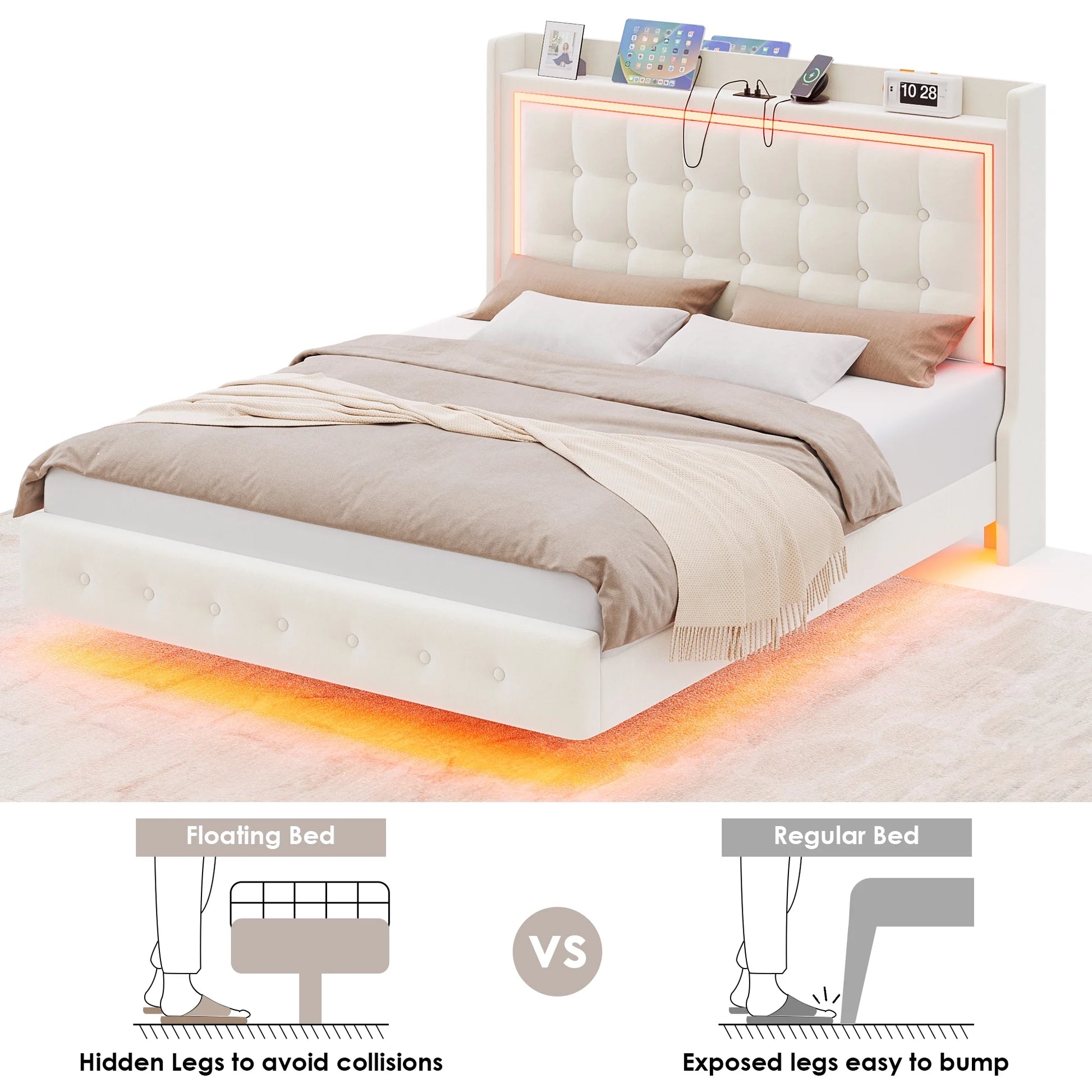 Full Size Floating Bed with RGB LED Lights – Velvet Upholstered Platform Bed with Storage Headboard & Charging Station