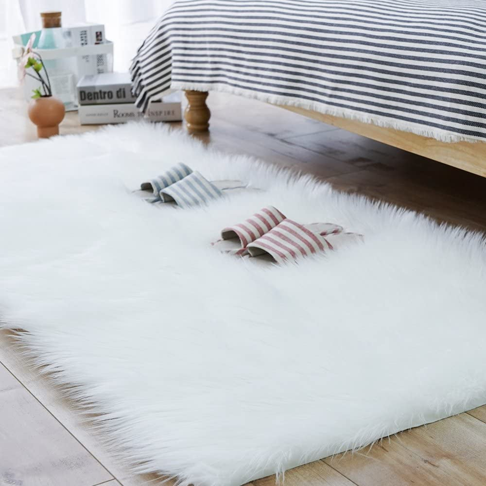 Grey Fluffy Faux Sheepskin Rug 2x3ft – Soft Shaggy Floor Mat for Bedroom