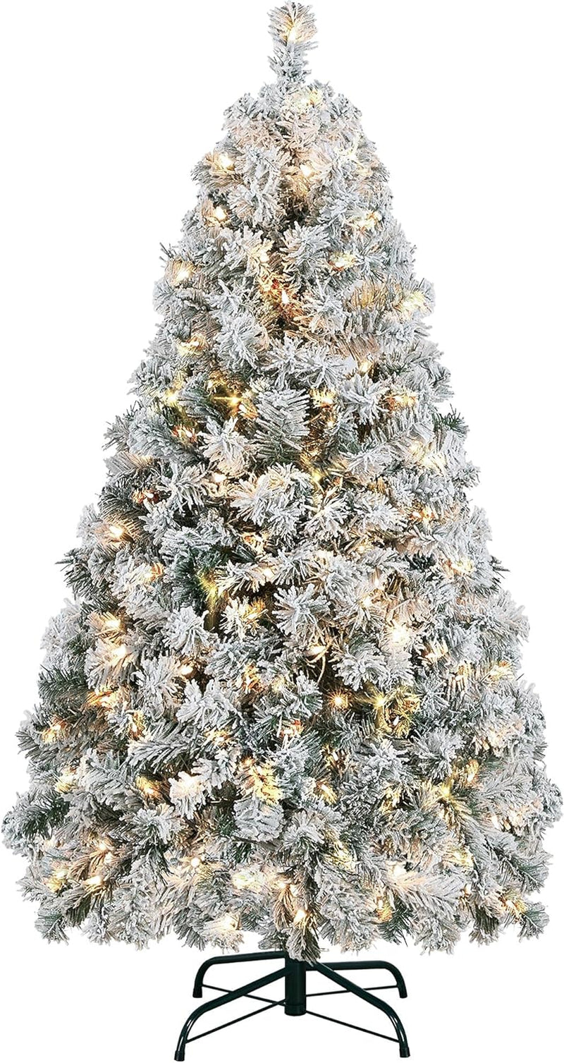 4.5Ft Snow Flocked Pre-Lit Christmas Tree with 150 Warm White Lights & Foldable Metal Stand