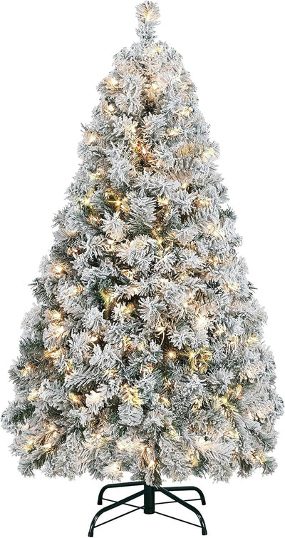 4.5Ft Snow Flocked Pre-Lit Christmas Tree with 150 Warm White Lights & Foldable Metal Stand