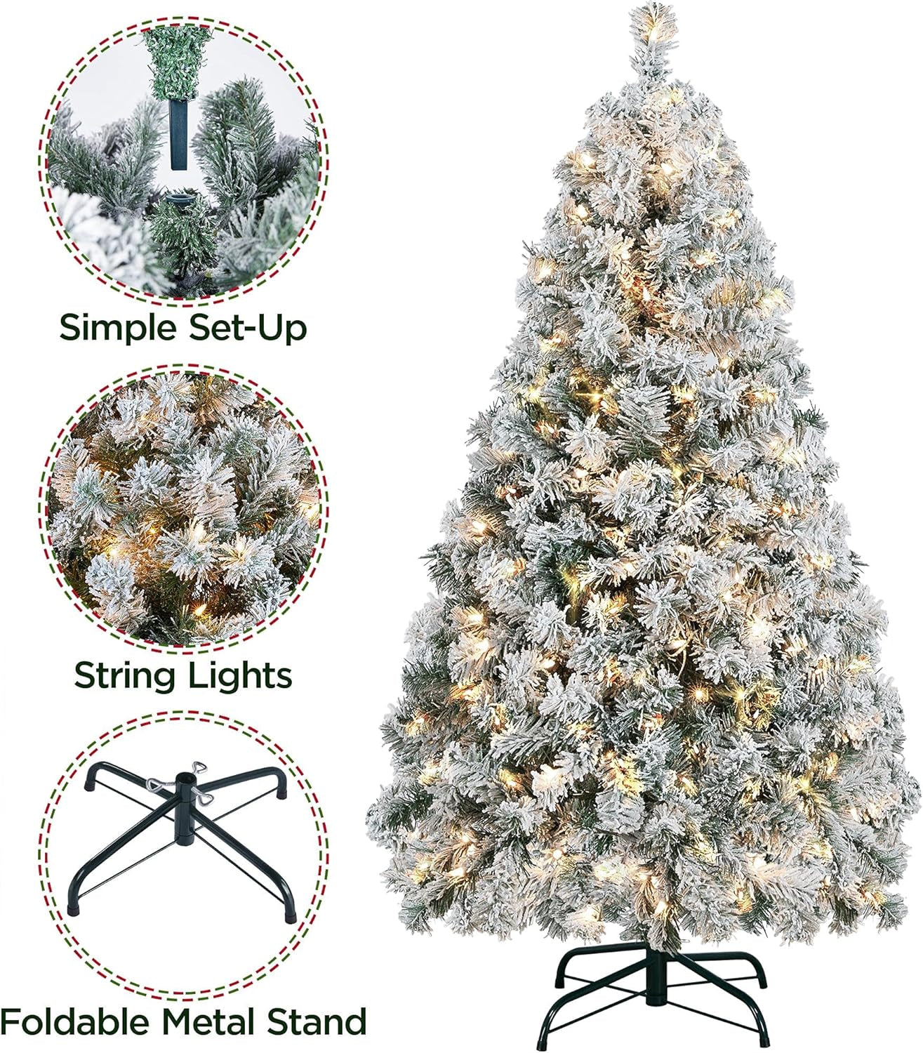 4.5Ft Snow Flocked Pre-Lit Christmas Tree with 150 Warm White Lights & Foldable Metal Stand