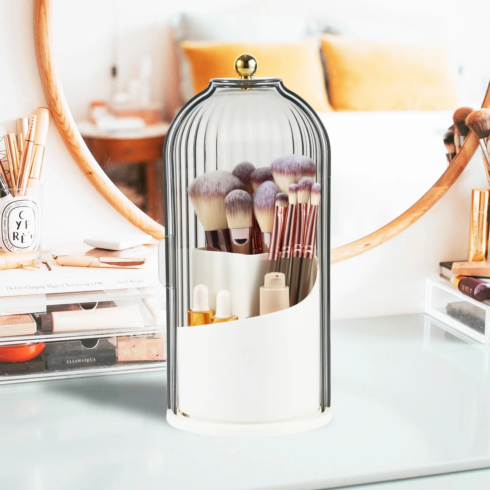 360° Rotating Makeup Brush Organizer with Lid – Clear Dustproof Holder for Vanity & Bathroom