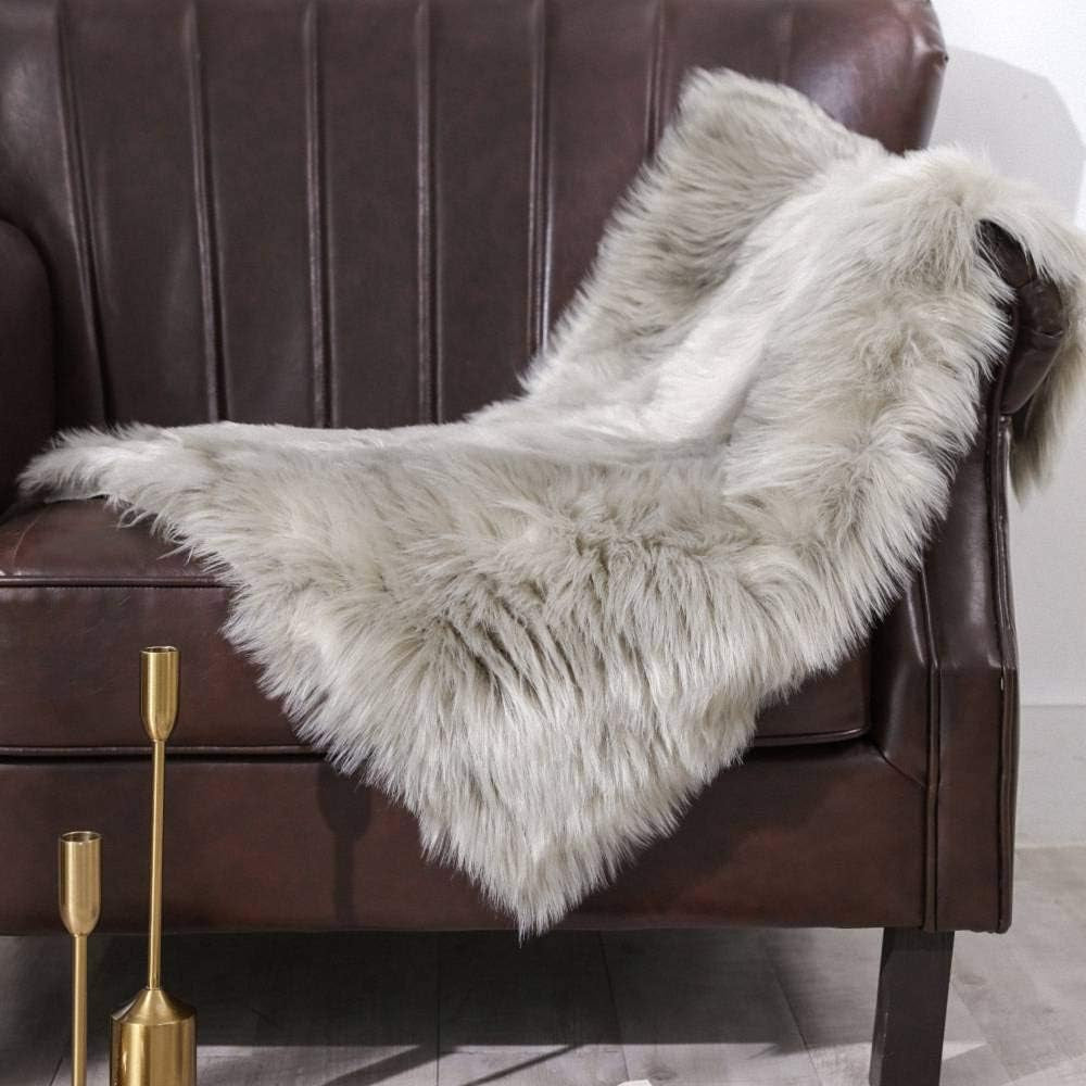 Grey Fluffy Faux Sheepskin Rug 2x3ft – Soft Shaggy Floor Mat for Bedroom