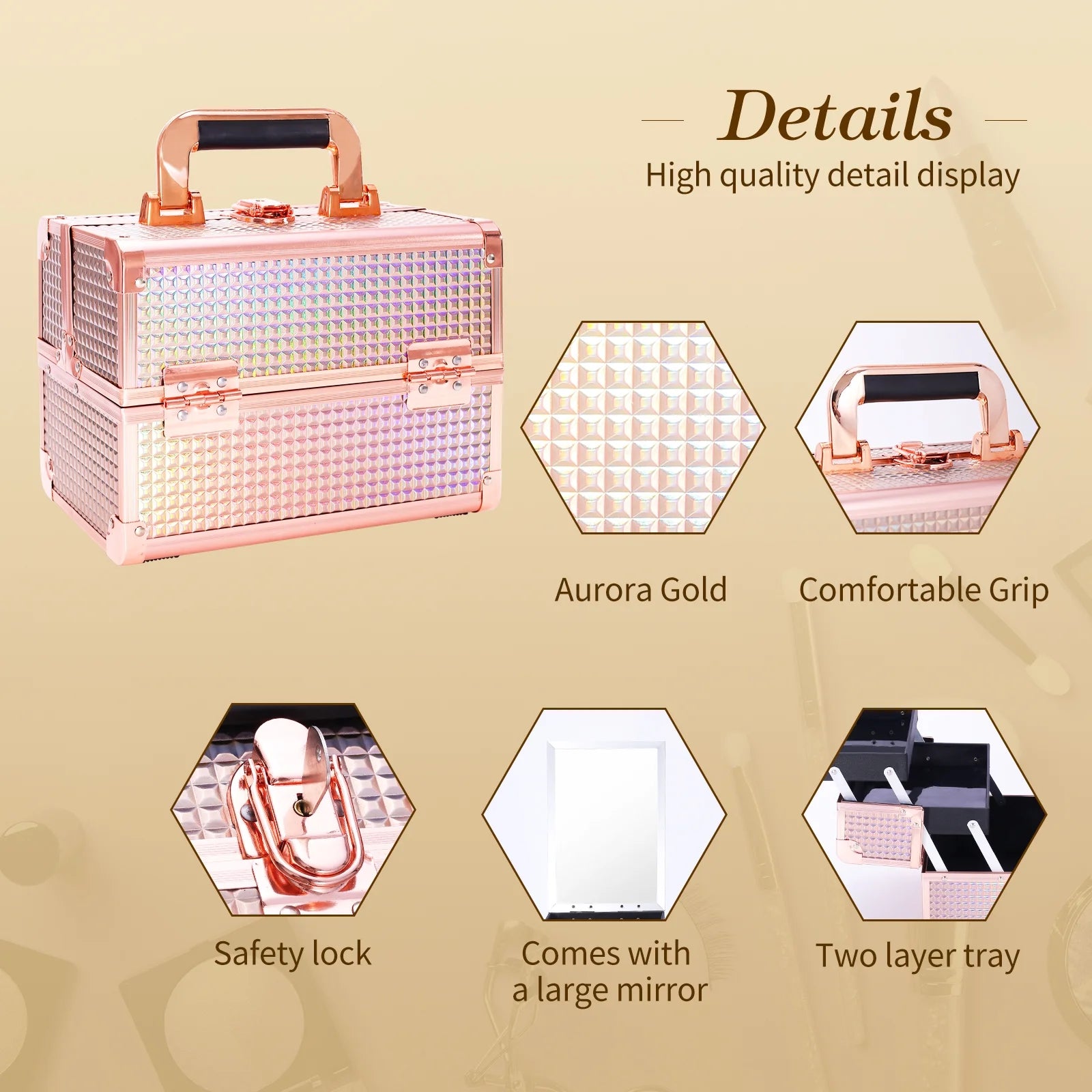 Lightweight Lockable Makeup Train Case – Portable Cosmetic Organizer Box with Mirror & 2 Folding Trays for Travel and Home Storage