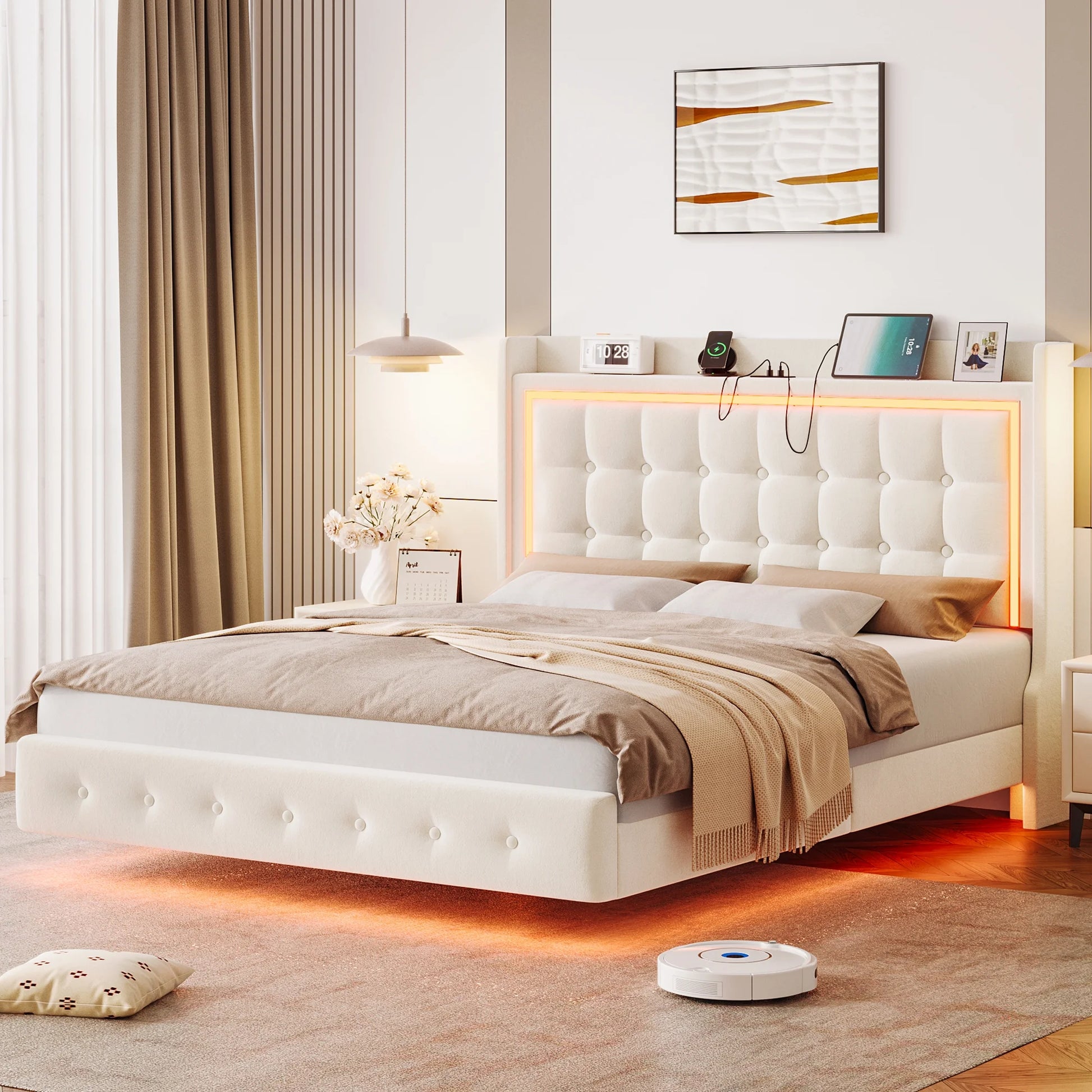 Full Size Floating Bed with RGB LED Lights – Velvet Upholstered Platform Bed with Storage Headboard & Charging Station