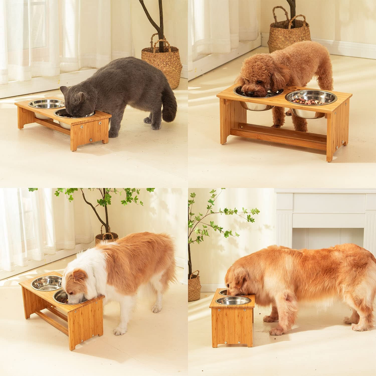 Bamboo Raised Pet Bowls with Stand – Elevated Cat & Small Dog Feeder Set