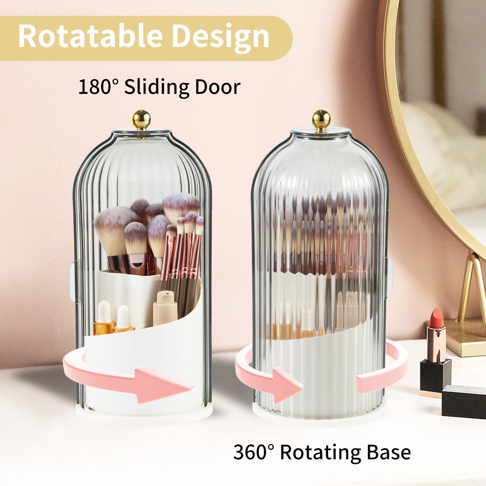 360° Rotating Makeup Brush Organizer with Lid – Clear Dustproof Holder for Vanity & Bathroom