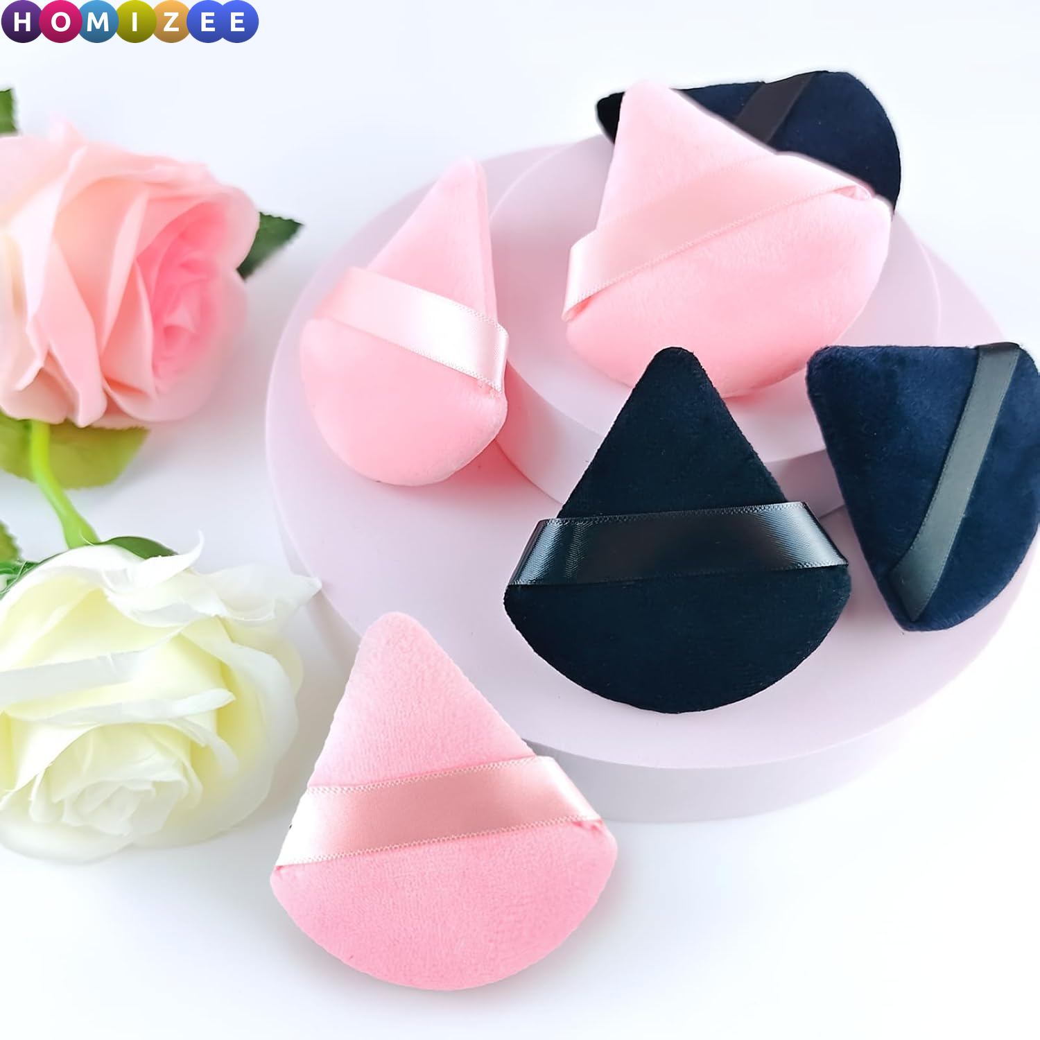 6Pcs Triangle Powder Puff Set – Soft Makeup Sponges for Dry & Wet Use, Perfect for Loose Powder, Foundation & Setting Makeup (Pink & Black)
