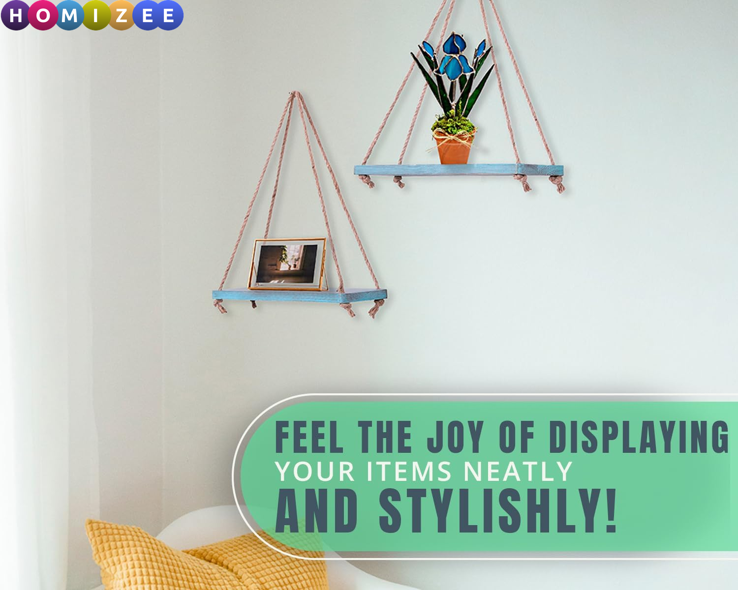 Rustic Hanging Wall Shelves Set of 2 – Boho Farmhouse Rope Shelves with Real Wood, 17"x5.2" (Blue)