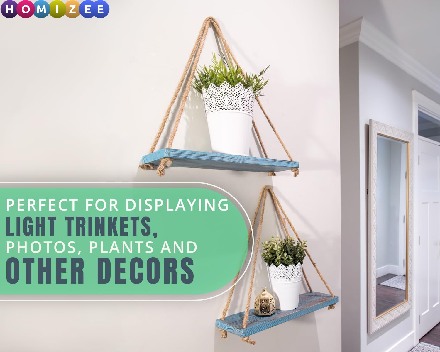 Rustic Hanging Wall Shelves Set of 2 – Boho Farmhouse Rope Shelves with Real Wood, 17"x5.2" (Blue)