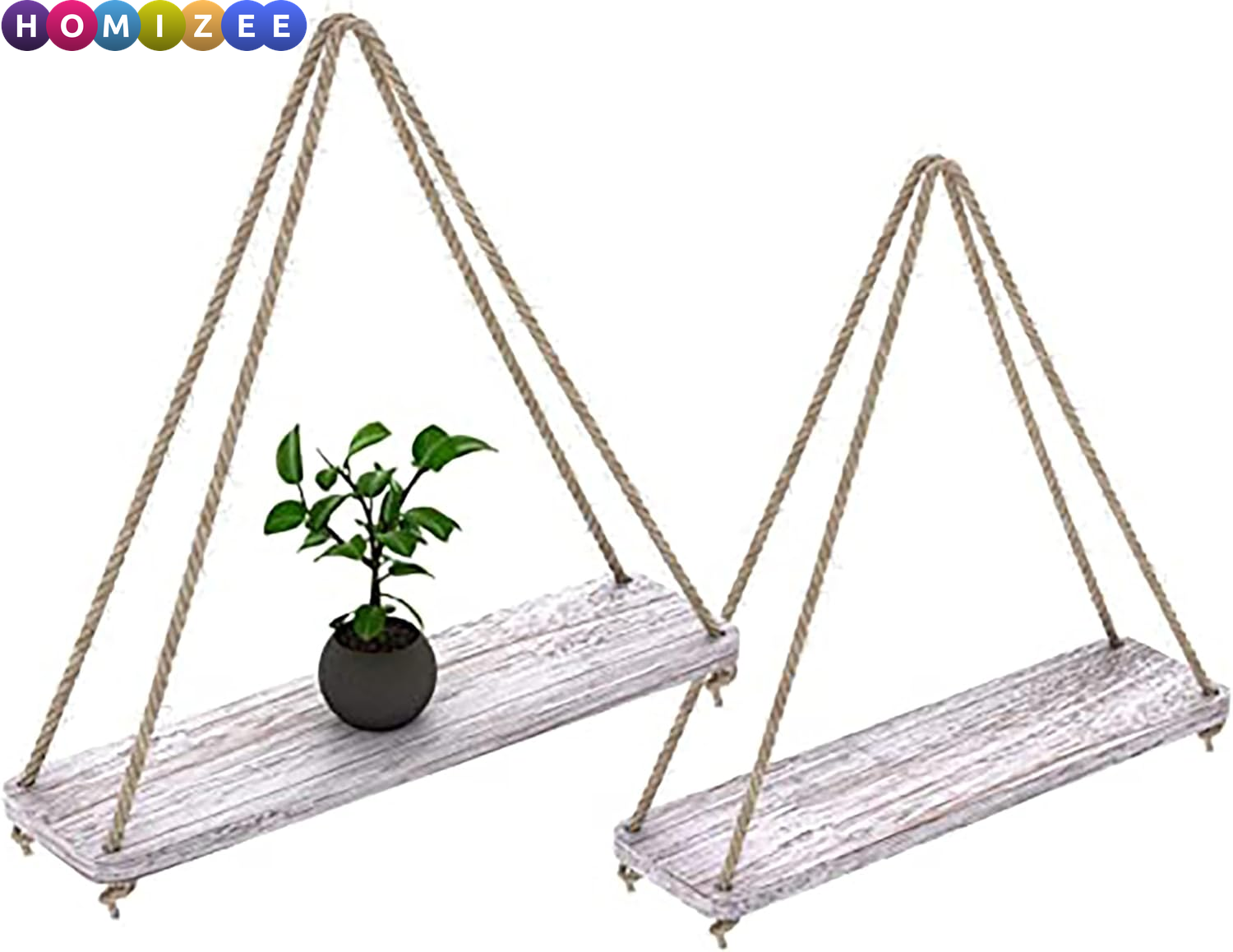 Rustic Hanging Wall Shelves Set of 2 – Boho Farmhouse Rope Shelves with Real Wood, 17"x5.2" (Blue)