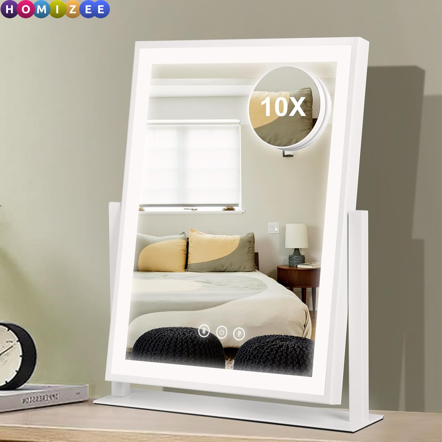 Vanity Mirror with Lights – 4-Sided Hollywood LED Makeup Mirror with 10X Magnifying Mirror, 3 Dimmable Light Modes, Smart Touch Control & 360° Rotation