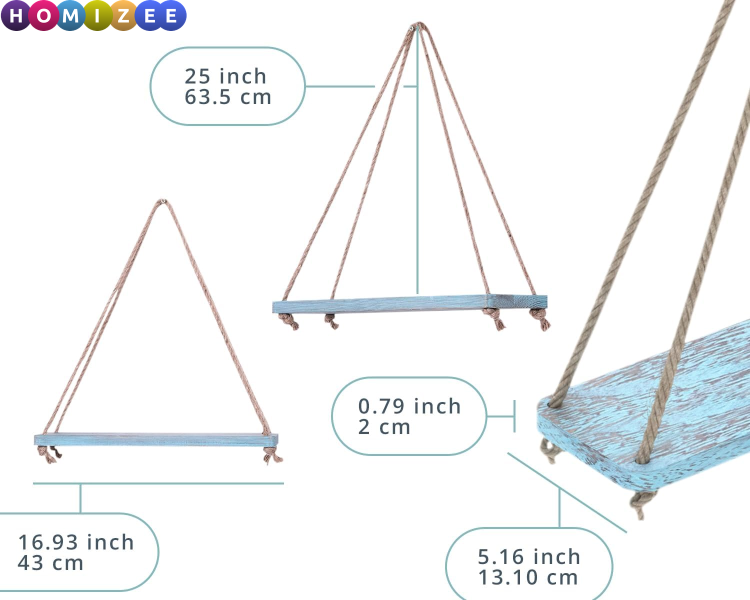 Rustic Hanging Wall Shelves Set of 2 – Boho Farmhouse Rope Shelves with Real Wood, 17"x5.2" (Blue)