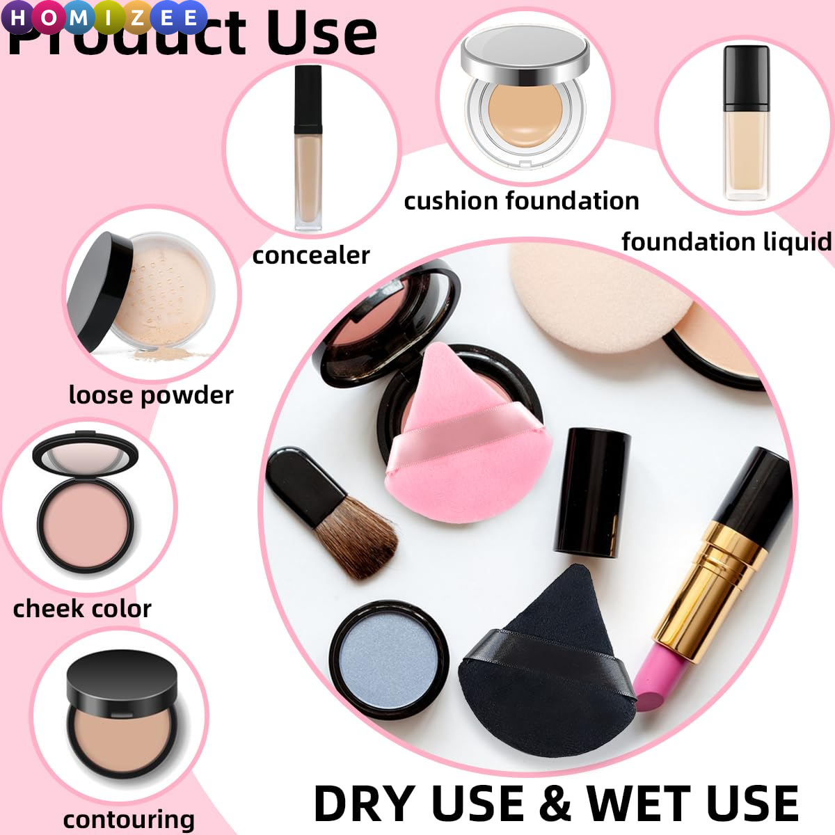 6Pcs Triangle Powder Puff Set – Soft Makeup Sponges for Dry & Wet Use, Perfect for Loose Powder, Foundation & Setting Makeup (Pink & Black)