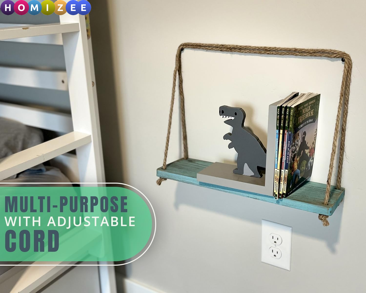 Rustic Hanging Wall Shelves Set of 2 – Boho Farmhouse Rope Shelves with Real Wood, 17"x5.2" (Blue)