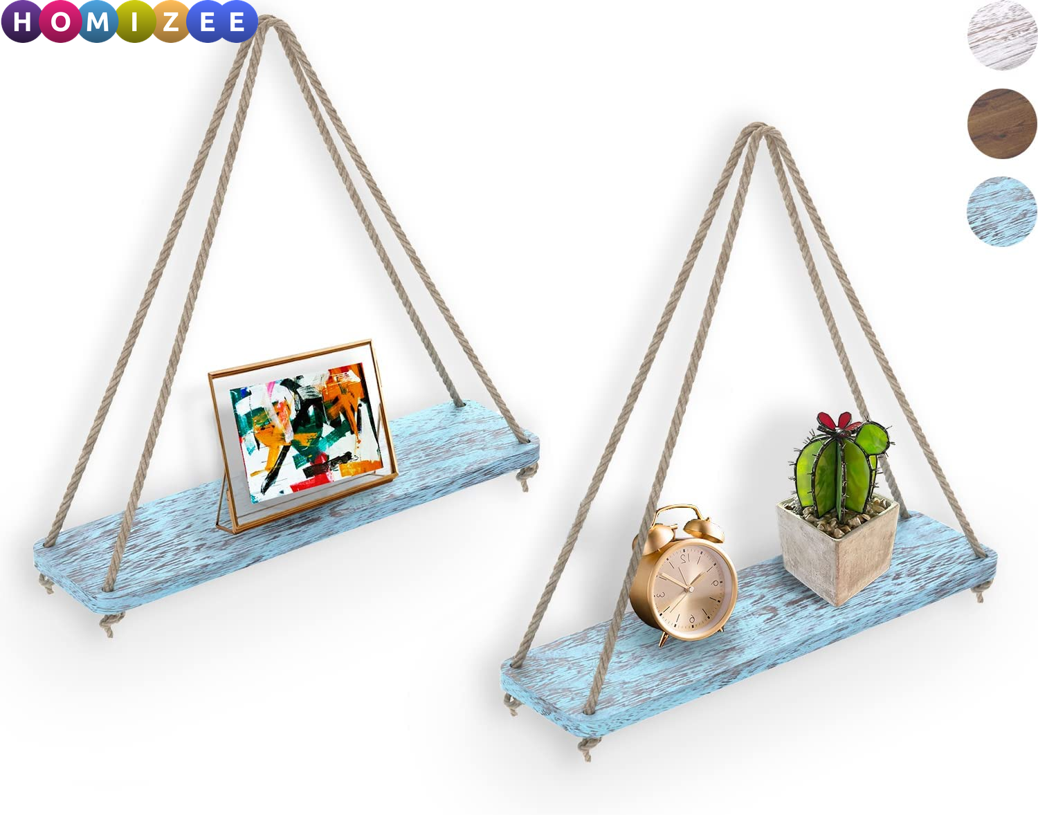 Rustic Hanging Wall Shelves Set of 2 – Boho Farmhouse Rope Shelves with Real Wood, 17"x5.2" (Blue)