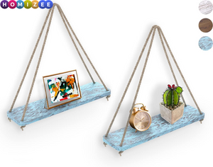 Rustic Hanging Wall Shelves Set of 2 – Boho Farmhouse Rope Shelves with Real Wood, 17"x5.2" (Blue)