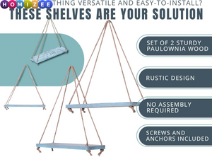 Rustic Hanging Wall Shelves Set of 2 – Boho Farmhouse Rope Shelves with Real Wood, 17"x5.2" (Blue)