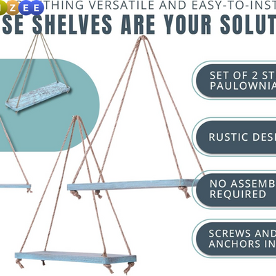 Set of 2 Rustic Boho Hanging Wall Shelves